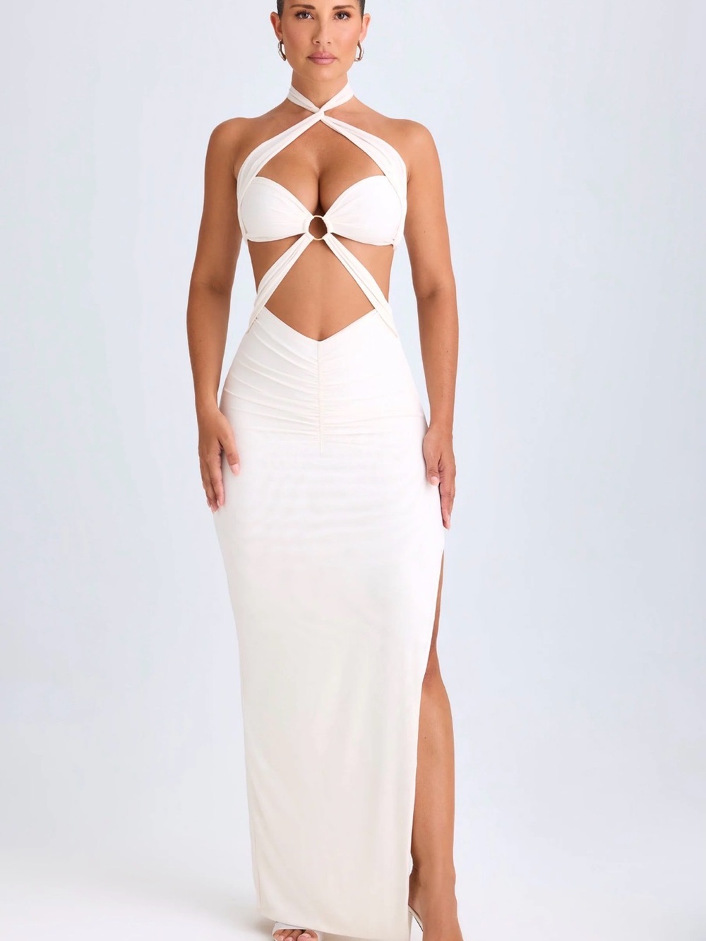 Oh Polly White Twist Cutout Halter Maxi Dress